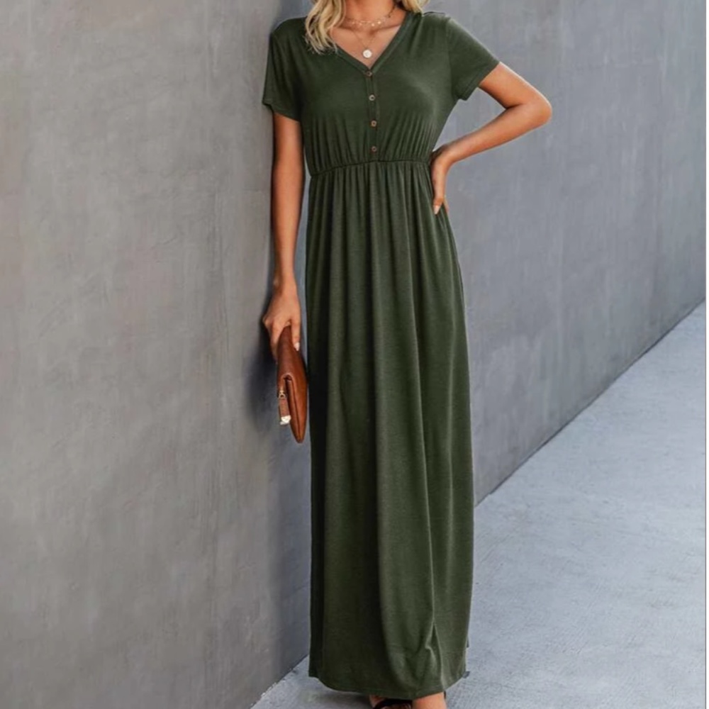 Button Front V-Neck A-Line Dress